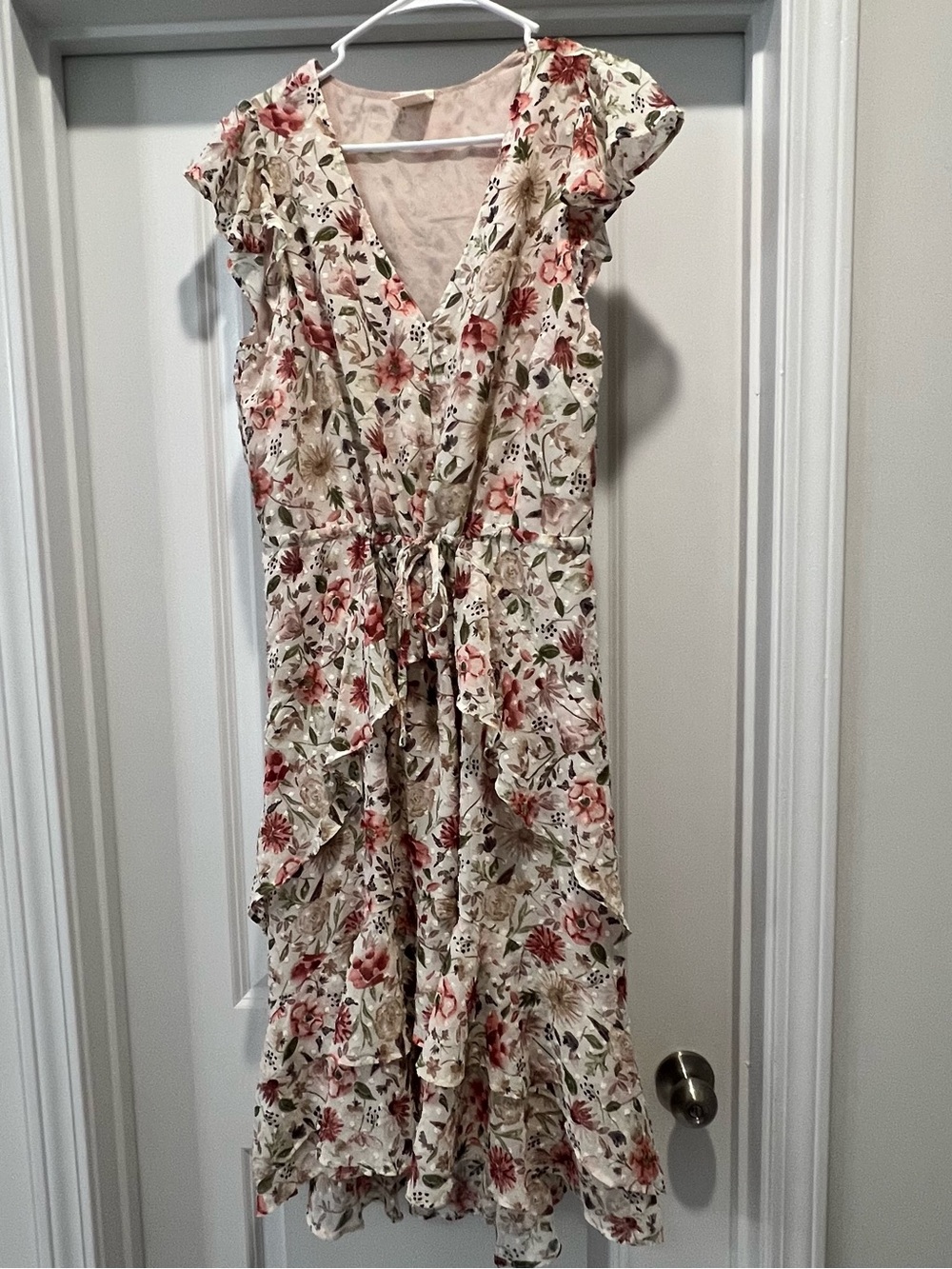 Good Hart Women’s Floral Ruffle Tie Waist Midi Dress - Cream Pink & Green Floral